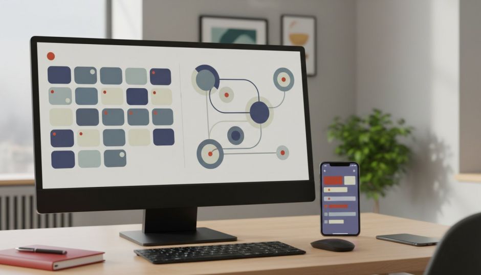 Monitor with a social media planning calendar and automation diagram