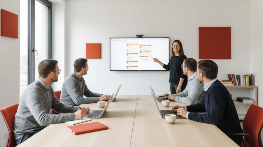 Joomla-Schulung: kleine Gruppe übt Website-Pflege am Laptop