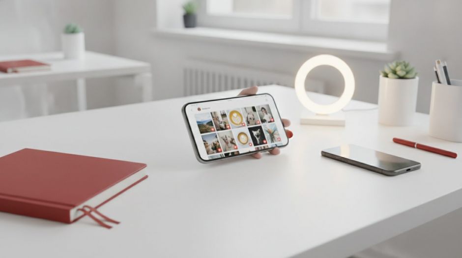 Social-Media-Feed auf dem Smartphone am Agentur-Arbeitsplatz