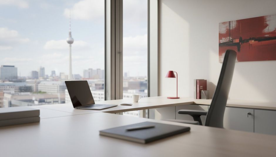 Modern Berlin workspace with a view of the TV tower