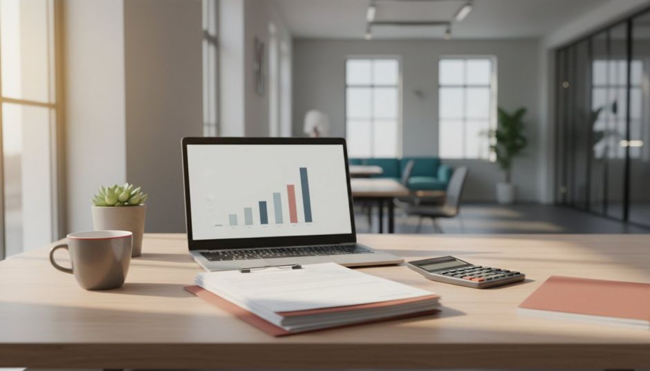 Desk with funding documents and a laptop showing a rising chart