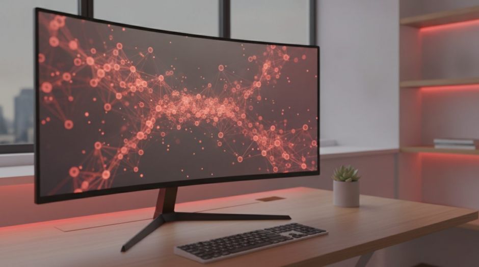 Abstrakte KI-Visualisierung als neuronales Netz am Arbeitsplatz