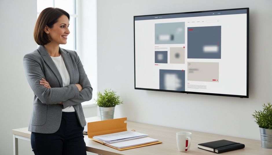 Business owner looking at the finished website on a large screen