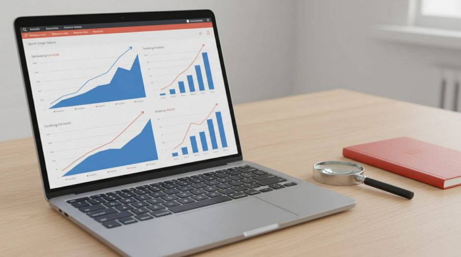 SEO – Analyse steigender Suchmaschinen-Rankings am Laptop