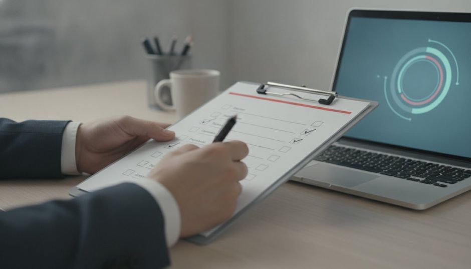 Hand ticking items on a checklist next to a laptop with a gauge chart
