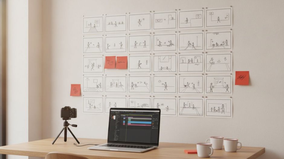 Erklärvideo-Produktion mit Storyboard, Kamera und Schnitt-Timeline
